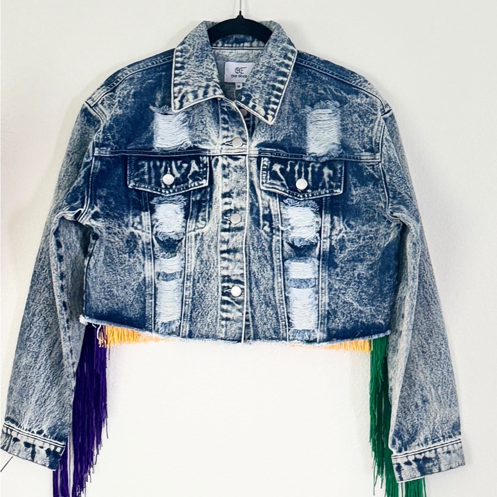 Cropped Jean Jacket with Colorful Fringe